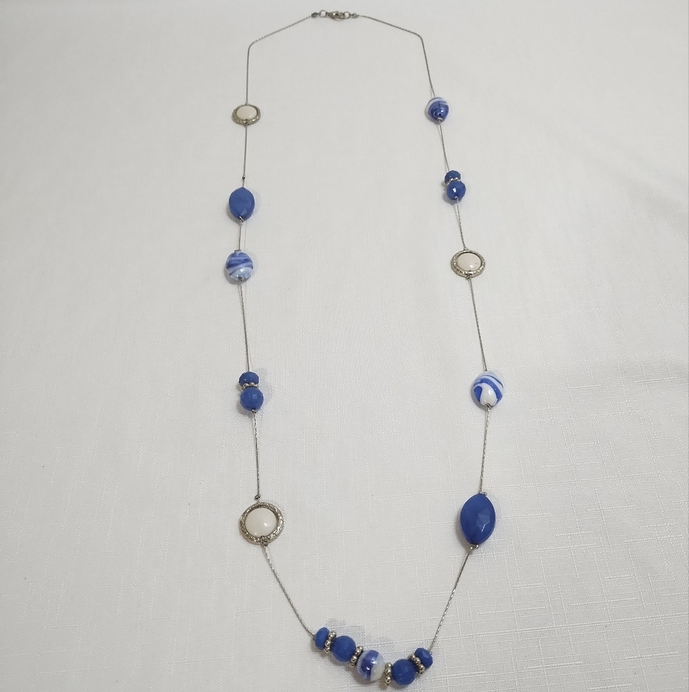 Elegant Blue & White Swirl Celestial Themed Beaded Necklace W Silver Tone Metal